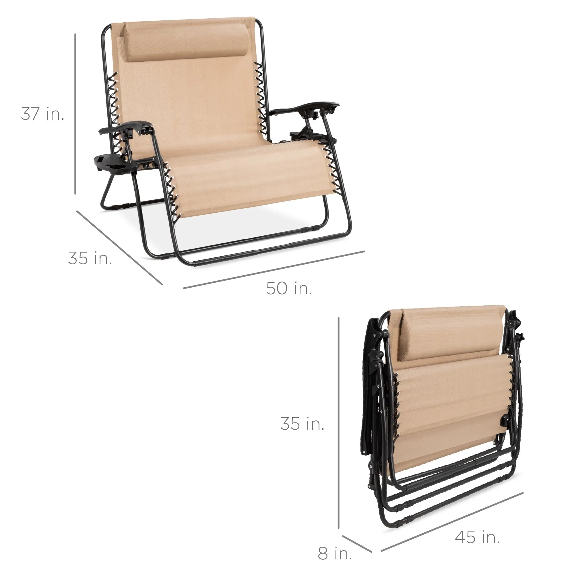 2-Person Double Wide Zero Gravity Chair Lounger w/ Cup Holders, Headrest