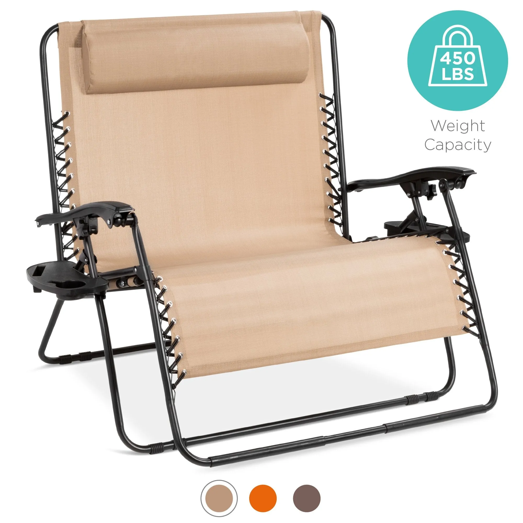 2-Person Double Wide Zero Gravity Chair Lounger w/ Cup Holders, Headrest