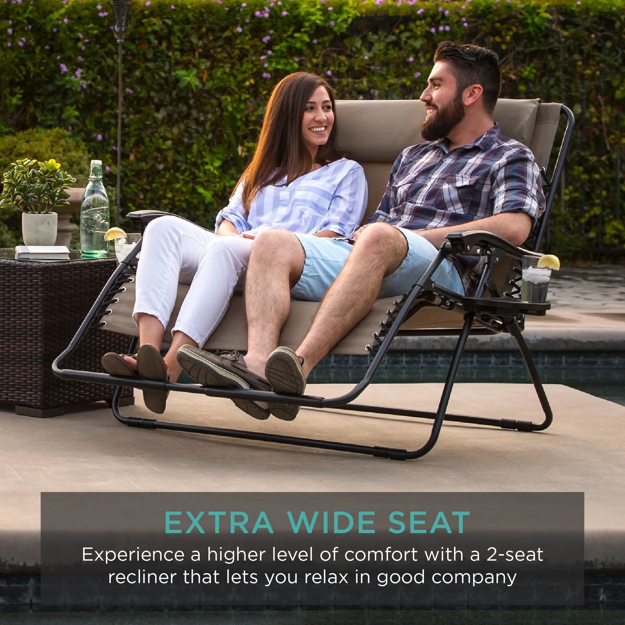 2-Person Double Wide Zero Gravity Chair Lounger w/ Cup Holders, Headrest
