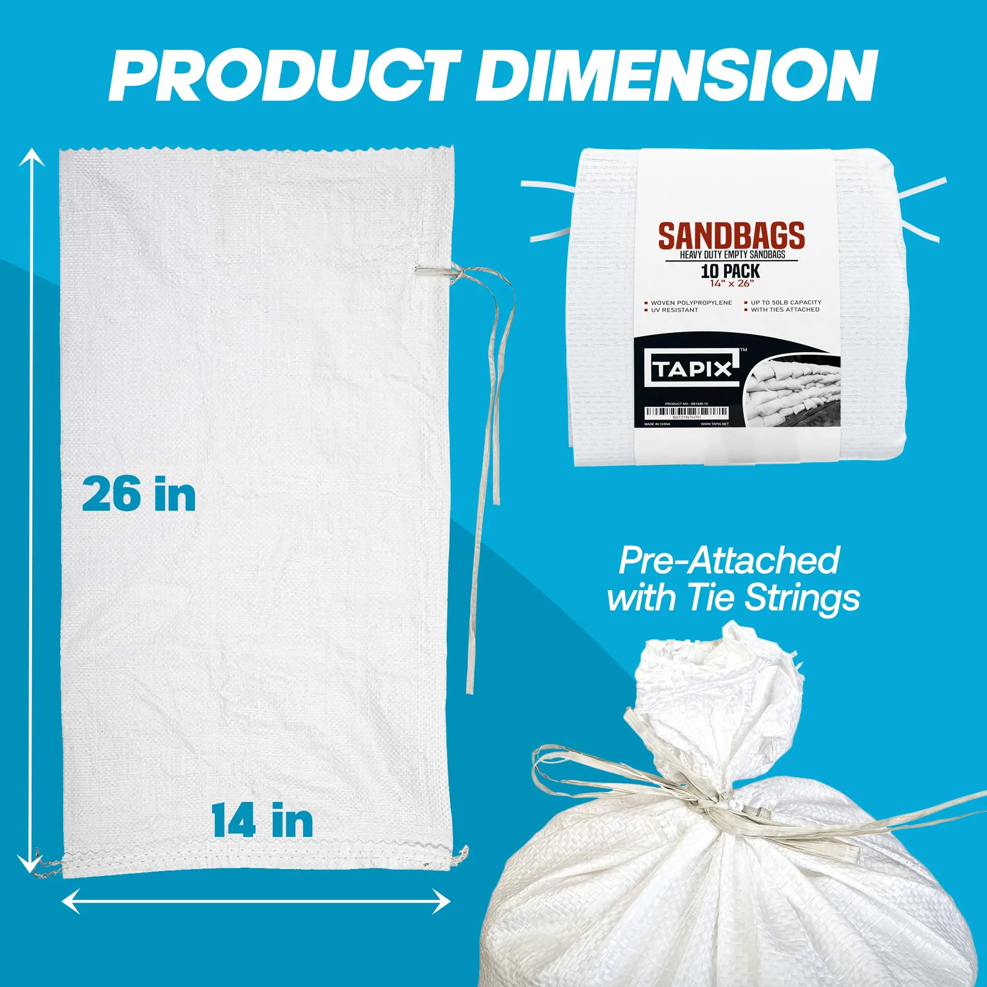 Empty White Sandbags with Ties (Bundle of 10) 14" x 26" - Woven Polypropylene Sand bags, Sandbags for Hurricane Flooding, Sand Bags Flood Protection